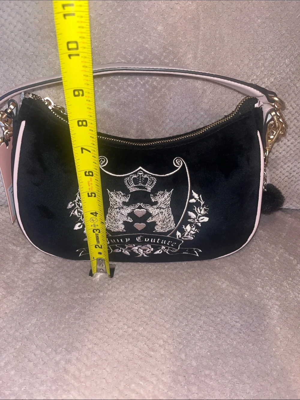 Juicy Couture Black Velvet Shoulder Bag with Pink Trim and Gold Chain